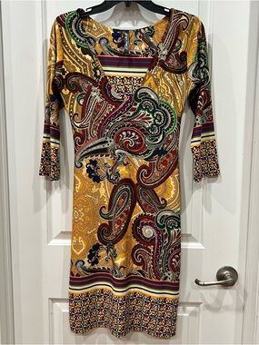 White Mark Paisley-Print Dress in Mustard Multi. Geometric Sheath Festive Party